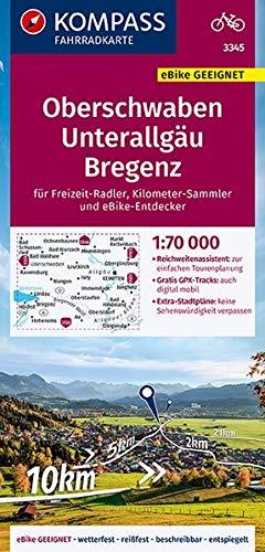 KOMPASS Fahrradkarte Oberschwaben, Unterallgäu, Bregenz 1:70.000, FK 3345: reiß- und wetterfest mit Extra Stadtplänen (KOMPASS-Fahrradkarten Deutschland, Band 3345)