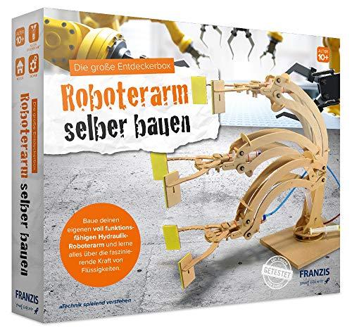 FRANZIS young Explorer Die große Entdeckerbox: Roboterarm selber bauen | Holz-Bausatz für voll funktionsfähigen Hydraulik-Roboterarm | Ab 10 Jahren