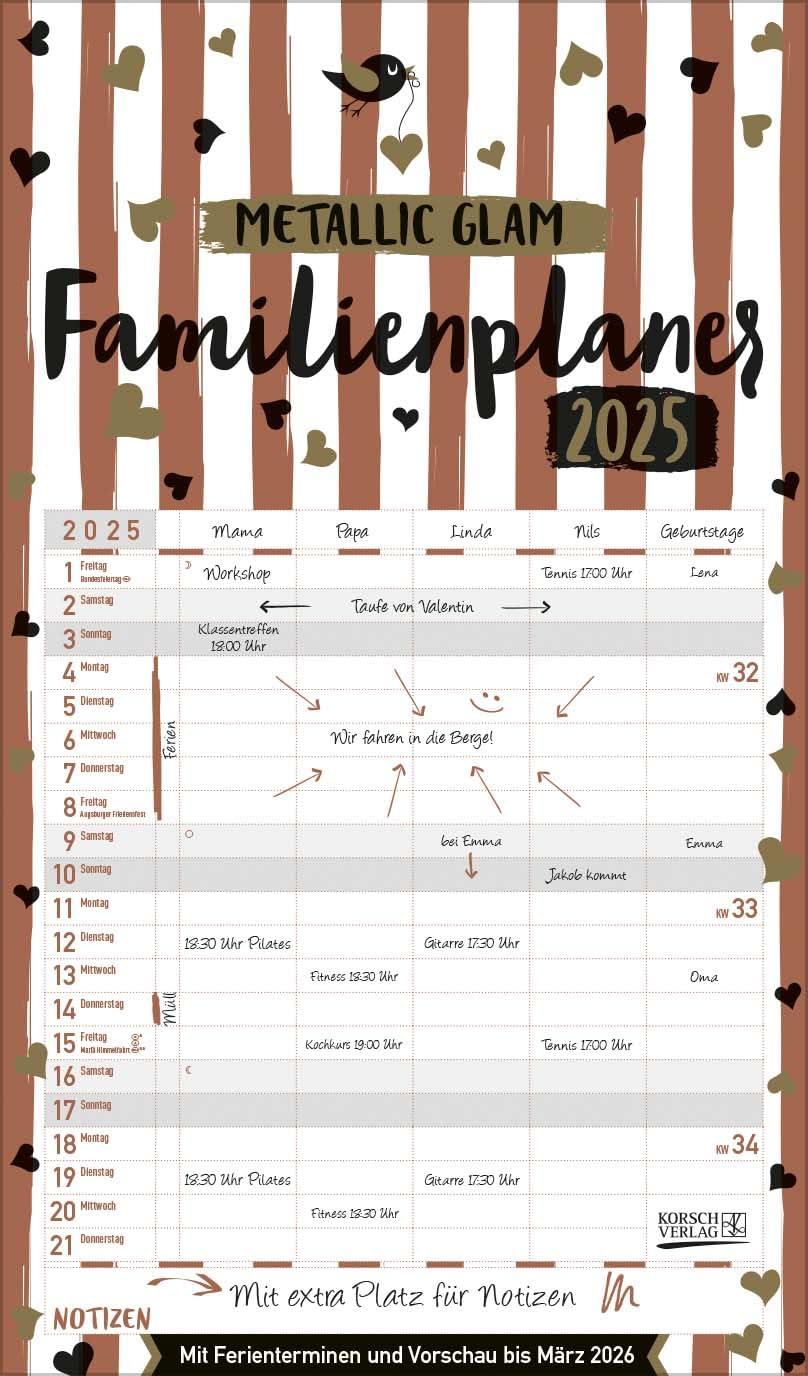 Familienplaner Metallic Glam 2025: Familienkalender, 5 breite Spalten, echter Metallic Glanz. Mit Ferienterminen, Vorschau bis März 2026 und vielem mehr.