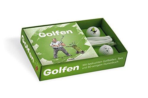 Golfen: Geschenkbox mit Humorbuch, 2 bedruckten Golfbällen und 10 Tees