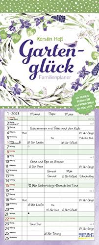 Gartenglück 2023: Familienplaner - 4 große Spalten mit viel Platz. Hochwertiger Familienkalender für Gartenliebhaber mit Ferienterminen und Vorschau bis März 2024. 19 x 47 cm.