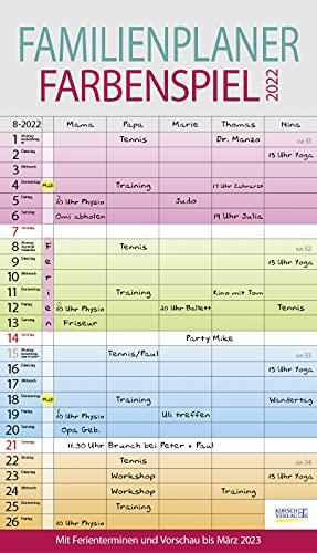 Familienplaner Farbenspiel 2022: Familienkalender, 5 breite Spalten, guter Überblick durch farbliche Wochen. Mit Ferienterminen, Vorschau bis März 2023 und nützlichen Zusatzinformationen.