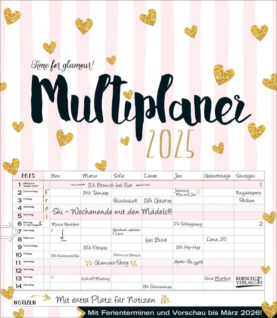 Multiplaner - Time for glamour 2025: Typo-Art Familienplaner, 7 breite Spalten. Schöner Familienkalender mit Ferienterminen, extra Spalte, Vorschau für 2026 und Herz-Datumsschieber. Format: 40x46 cm