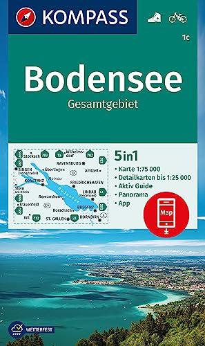 KOMPASS Wanderkarte 1c Bodensee Gesamtgebiet 1:75.000: 5in1 Wanderkarte mit Panorama, Aktiv Guide, Detailkarten und Panorama inklusive Karte zur offline Verwendung in der KOMPASS-App. Fahrradfahren.