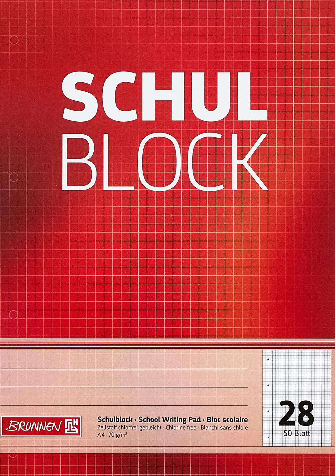 Brunnen 1052528 Schulblock / Notizblock (A4, 50 Blatt, kariert, mit Randlinien, Lineatur 28, gelocht, kopfverleimt, 70 g/m²)