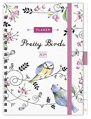 Planer Pretty Birds 2024: Familientimer-Buch mit 5 Spalten, Ferienterminen und Jahresübersicht 2024