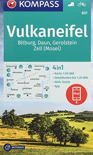 Vulkaneifel, Bitburg, Daun, Gerolstein, Zell (Mosel): 4in1 Wanderkarte 1:50000 mit Aktiv Guide und Detailkarten inklusive Karte zur offline Verwendung ... (KOMPASS-Wanderkarten, Band 837)