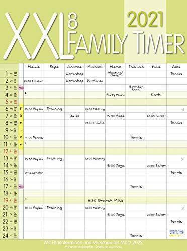 XXL Family Timer 8 2021: Familienplaner mit 8 breiten Spalten. Hochwertiger Familienkalender mit Ferienterminen, extra Spalte, Vorschau bis März 2022 und nützlichen Zusatzinformationen.