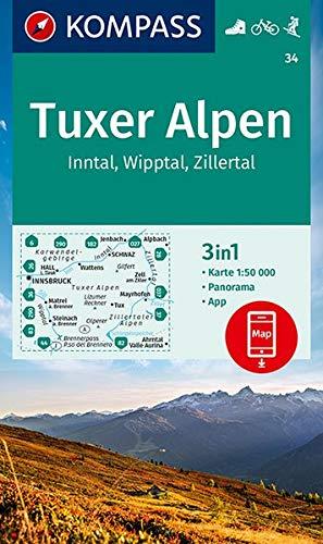 KV WK 34 Tuxer Alpen, Inntal, Wipptal, Zillertal 25T: 3in1 Wanderkarte 1:50000 mit Panorama, inklusive Karte zur offline Verwendung in der KOMPASS-App. Fahrradfahren. Skitouren. (KOMPASS-Wanderkarten)