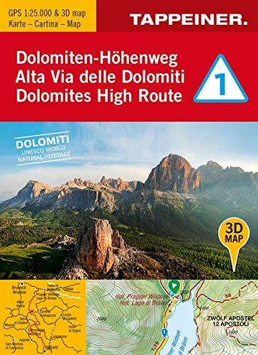 3D-Wanderkarte Dolomiten-Höhenweg 1: Cartina escursionistica 3D Alta Via delle Domiti #1 (Kombinierte Sommer-Wanderkarten Südtirol / Topografische Karte + 3D-Panoramakarte)