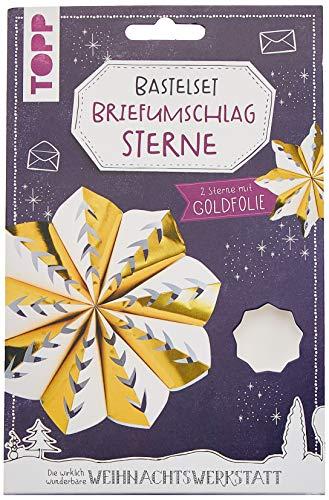 Briefumschlag-Sterne Bastelset mit Goldfolie: Anleitung und Material für 2 Sterne aus Briefumschlägen mit Goldfolie zum Selberbasteln. Mit Aufhängung und Satinband.