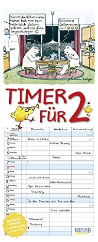 Timer für 2 2023: Familienplaner mit 3 breiten Spalten. Familienkalender mit Tier-Comics, Ferienterminen, Vorschau bis März 2024 und tollen Extras. 19 x 47 cm