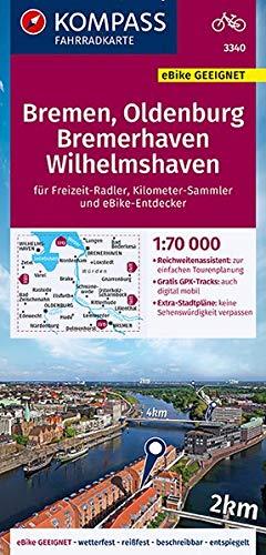 KOMPASS Fahrradkarte Bremen, Oldenburg, Bremerhaven, Wilhelmshaven 1:70.000, FK 3340: reiß- und wetterfest mit Extra Stadtplänen (KOMPASS-Fahrradkarten Deutschland, Band 3340)