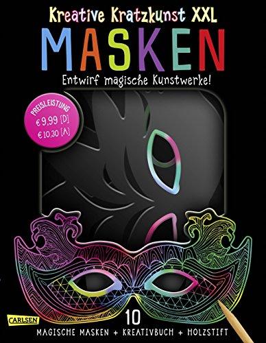 Kreative Kratzkunst XXL: Masken: Set mit 10 Kratz-Masken, Anleitungsbuch und Holzstift: 10 Kinder-Masken ideal für Fasching und Geburtstag