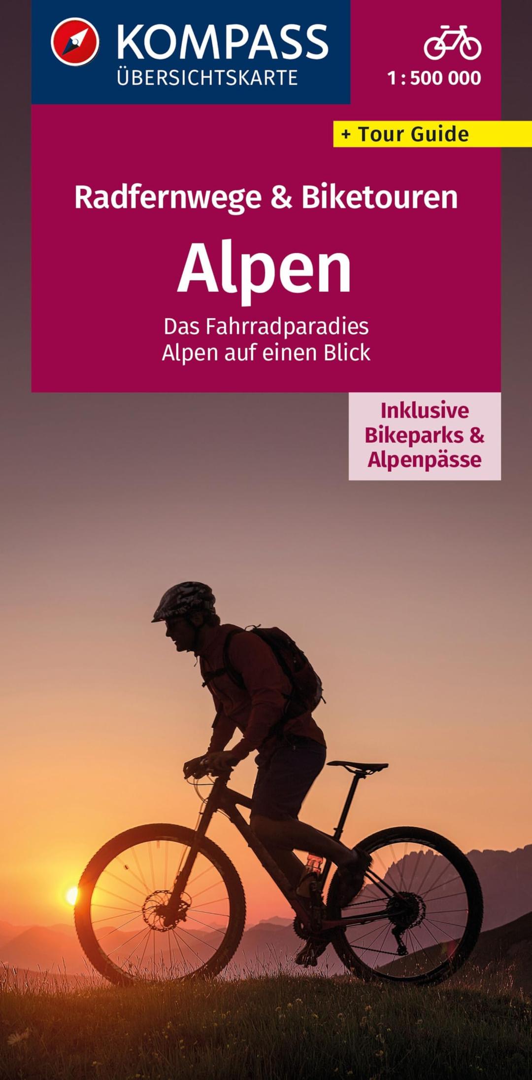 KOMPASS Radfernwegekarte Radfernwege & Biketouren Alpen - Übersichtskarte 1:500.000: inklusive Bikeparks und Alpenpässe