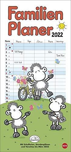 sheepworld Familienplaner 2022 - Wandkalender mit Monatskalendarium, 5 Spalten, Schulferien, 2 Stundenpläne, 3-Monats-Ausblick Januar bis März 2023 - 21 x 45 cm