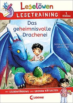 Leselöwen Lesetraining 1. Klasse - Das geheimnisvolle Drachenei: mit Silbenfärbung und großem Rätselteil - Erstlesebuch zum Schulstart mit Rätseln für Kinder ab 6 Jahren