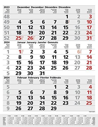 3-Monats-Planer Comfort Grau 2024: 3-Monatskalender groß I Wandplaner / Bürokalender mit Datumsschieber, Vor-und Nachmonat und Jahresübersicht I 30 x 39 cm