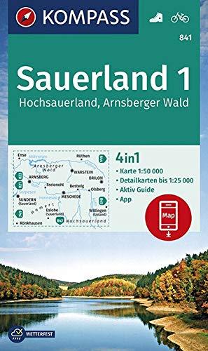 KOMPASS Wanderkarte Sauerland 1, Hochsauerland, Arnsberger Wald: 4in1 Wanderkarte 1:50000 mit Aktiv Guide und Detailkarten inklusive Karte zur offline ... (KOMPASS-Wanderkarten, Band 841)