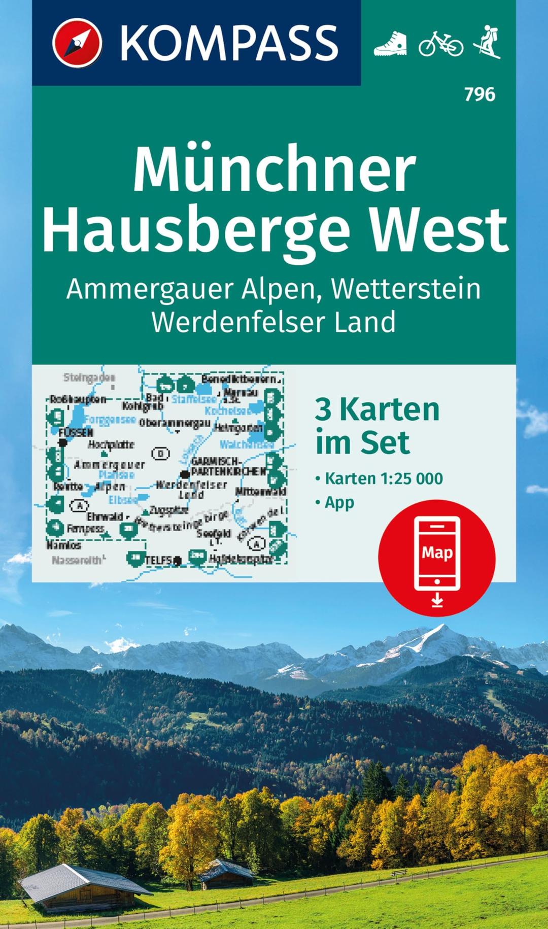 KOMPASS Wanderkarten-Set 796 Münchner Hausberge West, Ammergauer Alpen, Wetterstein, Werdenfelser Land (3 Karten) 1:25.000: inklusive Karte zur ... in der KOMPASS-App, Fahrradfahren, Skitouren