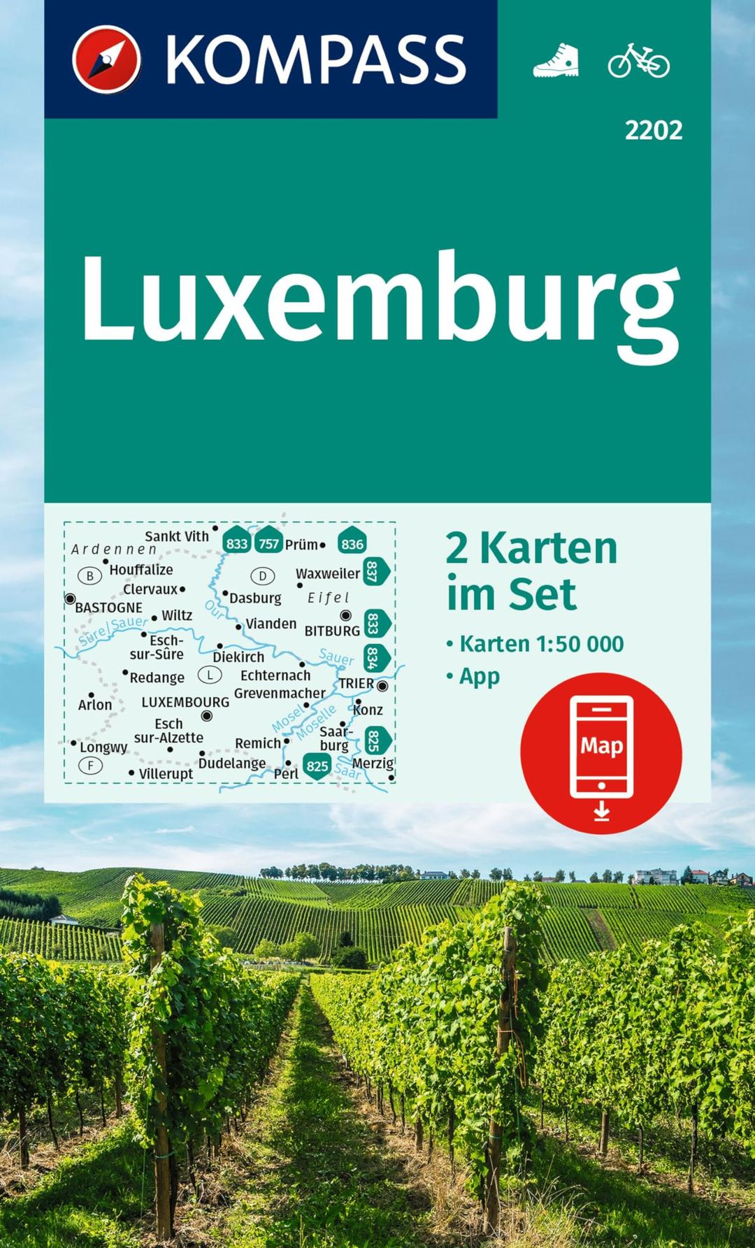 KOMPASS Wanderkarten-Set 2202 Luxemburg (2 Karten) 1:50.000: inklusive Karte zur offline Verwendung in der KOMPASS-App. Fahrradfahren.