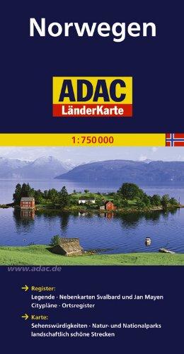 ADAC Länderkarte Norwegen 1:750.000: Register: Legende, Nebenkarten Svalbard und Jan Mayen, Citypläne, Ortsregister mit Postleitzahlen. Karte: ... Nationalparks, landschaftlich schöne Strecken