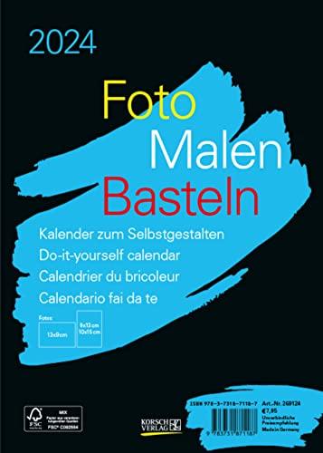 Foto-Malen-Basteln Bastelkalender A5 schwarz 2024: Fotokalender zum Selbstgestalten. Aufstellbarer do-it-yourself Kalender mit festem Fotokarton.