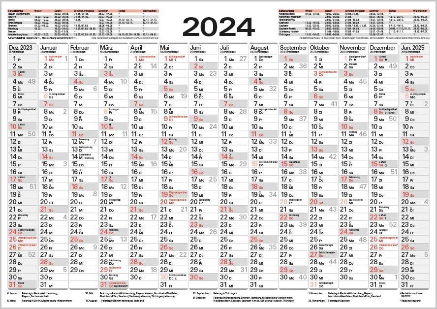 Tafelkalender A4 2024: 14 Monate auf einer Seite I Ferientermine und Feiertage