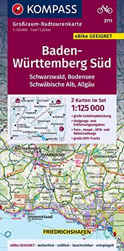 KOMPASS Großraum-Radtourenkarte 3711 Baden-Württemberg Süd, Schwarzwald, Bodensee, Schwäbische Alb, Allgäu 1:125.000: 2 Karten im Set, reiß- und wetterfest, GPX-Daten zum Download