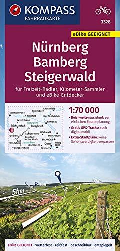 KOMPASS Fahrradkarte Nürnberg, Bamberg, Steigerwald 1:70.000, FK 3328: reiß- und wetterfest mit Extra Stadtplänen (KOMPASS-Fahrradkarten Deutschland, Band 3328)