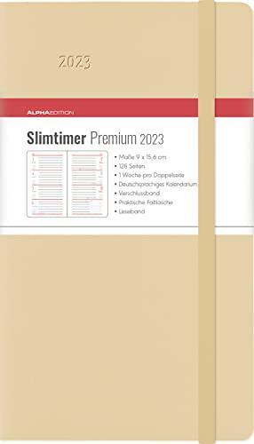 Slimtimer Premium Cream 2023 - Taschen-Kalender 9x15,6 cm - mit Verschlussband & Falttasche - Balacron Einband - Weekly - 128 Seiten - Alpha Edition