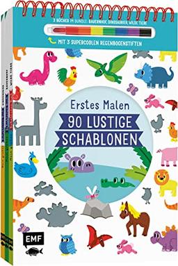 Erstes Malen – 90 lustige Schablonen (ab 3 Jahren): 3 Bücher im Bundle: Bauernhof, Dinosaurier, Wilde Tiere