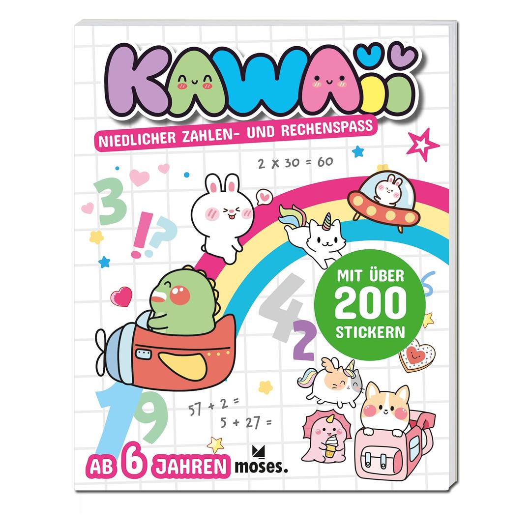 moses. Kawaii – Niedlicher Zahlen- und Rechenspaß, Activity-Buch mit Rätseln, Ausmalbildern und Stickern, Kawaii-Rätselbuch für Kinder ab 6 Jahren