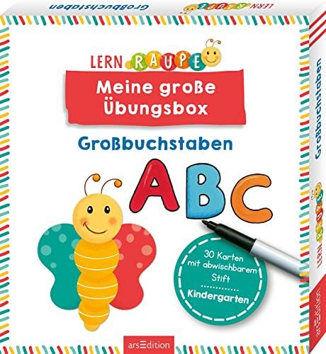 Lernraupe – Meine große Übungsbox Großbuchstaben: 30 Karten mit abwischbarem Stift | Rätsel und Übungen für Kinder ab 3 Jahren