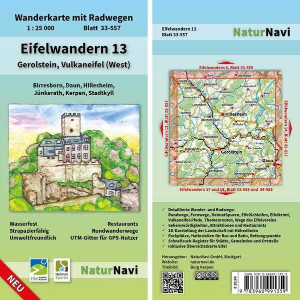 Eifelwandern 13 - Gerolstein, Vulkaneifel (West): Wanderkarte mit Radwegen, Blatt 33-557, 1 : 25 000, Birresborn, Daun, Hillesheim, Jünkerath, Kerpen, ... (NaturNavi Wanderkarte mit Radwegen 1:25 000)