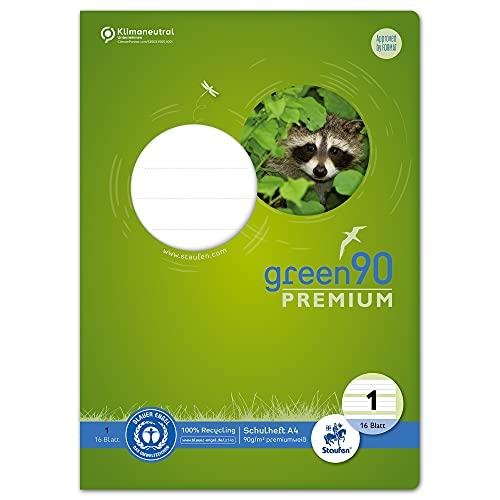 Staufen Green Heft - DIN A4, Lineatur 1 (5/5/5mm liniert farbig), 16 Blatt, 90g/m² Recyclingpapier, runde Ecken verhindern „Eselsohren“, 4 verschiedene Motive (keine Auswahl möglich), 1 Stück