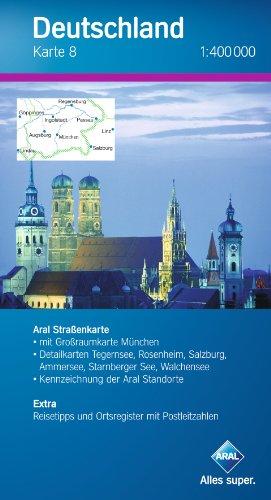 Aral Deutschland Karte 8 / 1:400 000 / Süd-Ost, Bayern-Süd / Großraumk. München / Detailk. Tegernsee-Rosenheim-Salzburg, Ammersee-Starnberger See-Walchensee / Extra: Reisetipps u. Ortsregister mit PLZ