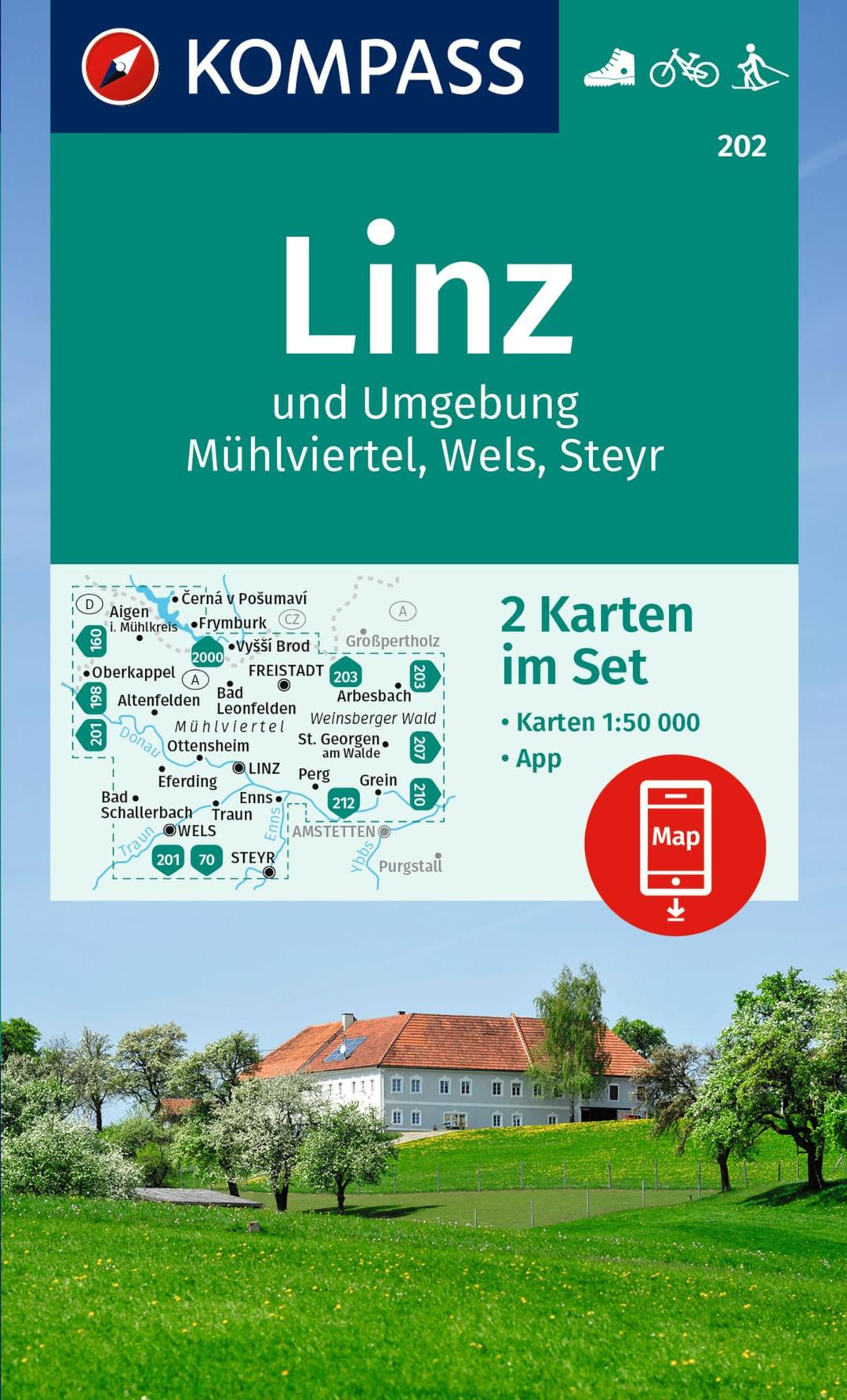 KOMPASS Wanderkarten-Set 202 Linz und Umgebung, Mühlviertel, Wels, Steyr (2 Karten) 1:50.000: inklusive Karte zur offline Verwendung in der KOMPASS-App. Fahrradfahren. Langlaufen.