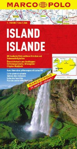 MARCO POLO Länderkarte Island 1:750.000: Mit landschaftlich schönen Strecken und Sehenswürdigkeiten. Übersichtskarte zum Ausklappen, Entfernungstabelle, Ortsregister, Cityplan Reykjavik