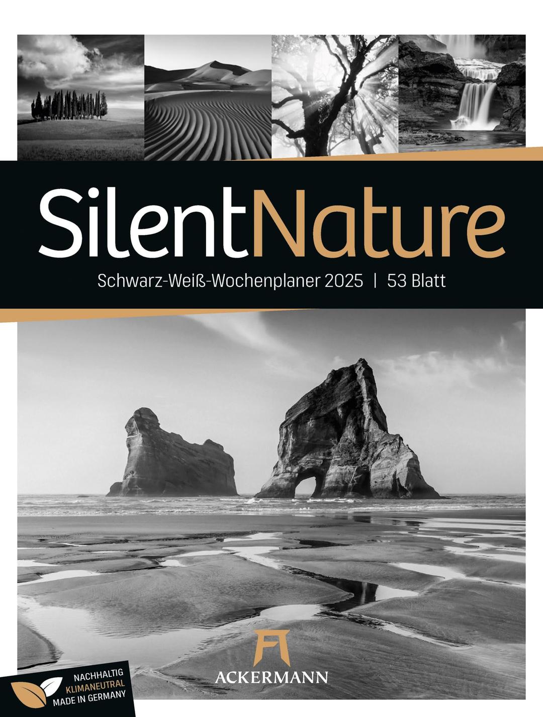 Silent Nature, Schwarz-weiß-Kalender 2025, Wochenkalender im Hochformat mit Rätsel und Sudokus (25x33 cm) - Natur- und Landschaftskalender