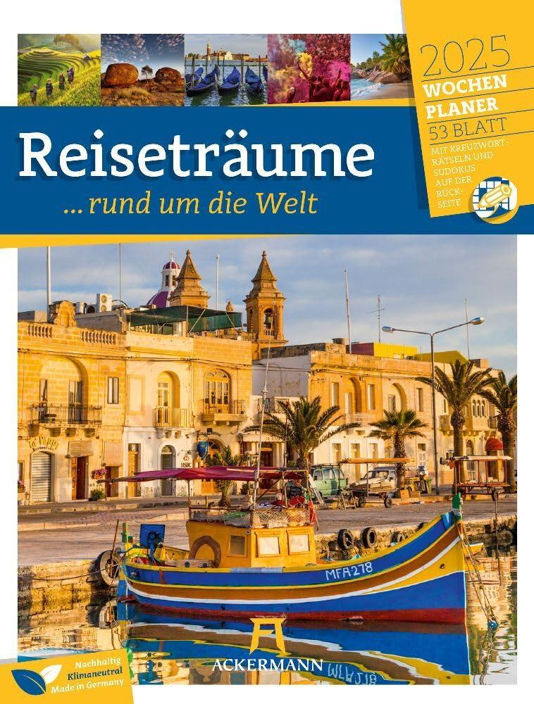 Reiseträume - Wochenplaner Kalender 2025, Wandkalender im Hochformat (25x33 cm) - Wochenkalender rund um die Welt mit Rätseln und Sudokus