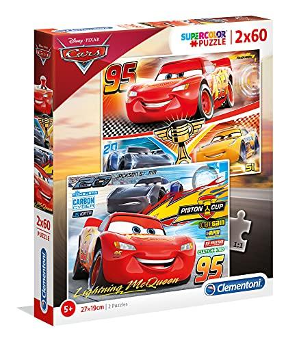 Clementoni 7131 Supercolor Cars 3 – Puzzle 2 x 60 Teile ab 5 Jahren, buntes Kinderpuzzle mit besonderer Leuchtkraft & Farbintensität, Geschicklichkeitsspiel für Kinder