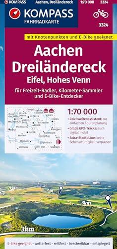 KOMPASS Fahrradkarte 3324 Aachen, Dreiländereck, Eifel, Hohes Venn mit Knotenpunkten 1:70.000: reiß- und wetterfest mit Extra Stadtplänen