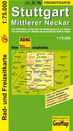 Radwanderkarte Stuttgart 1 : 75 000. Mittlerer Neckar: Von Heilbronn im Norden bis Lichtenstein im Süden. Von Herrenberg im Westen bis Schwäbisch-Hall im Osten. (Rad- und Freizeitkarte)