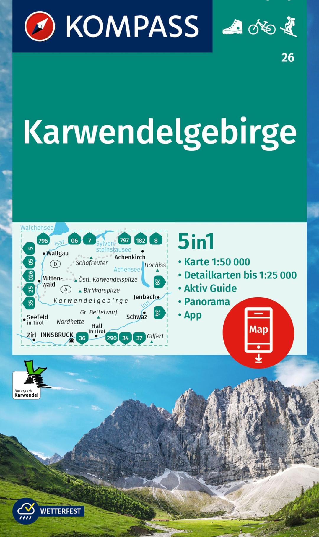 KOMPASS Wanderkarte 26 Karwendelgebirge 1:50.000: 5in1 Wanderkarte mit Aktiv Guide, 1:25000 Karten und Panorama, inklusive Karte zur offline Verwendung in der KOMPASS-App. Fahrradfahren. Skitouren.