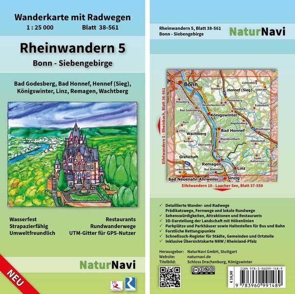 Rheinwandern 5 - Bonn - Siebengebirge: Wanderkarte mit Radwegen, Blatt 38-561, 1 : 25 000, Bad Godesberg, Bad Honnef, Hennef (Sieg), Königswinter, ... (NaturNavi Wanderkarte mit Radwegen 1:25 000)