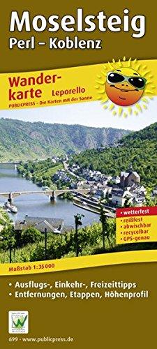 Moselsteig: Leporello Wanderkarte mit Ausflugszielen, Einkehr- & Freizeittipps, Entfernungen, Etappen, Höhenprofil, wetterfest, reißfest, abwischbar, GPS-genau. 1:35000