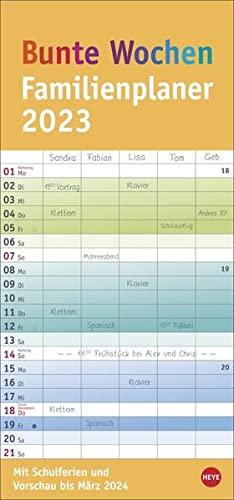 Bunte Wochen Familienplaner 2023 - Wandkalender mit Monatskalendarium, 5 Spalten, Schulferien, 3-Monats-Ausblick Januar bis März 2024 - 21 x 45 cm