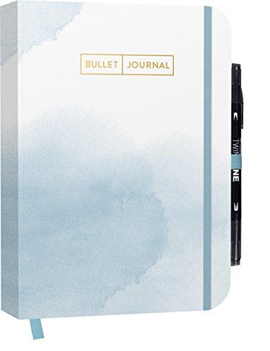 Bullet Journal Watercolor Blue 05 mit original Tombow TwinTone Dual-Tip Marker 33 black: Mit Punkteraster, Seiten für Index, Key und Future Log ... praktischem Verschlussband und Innentasche