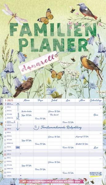 Familienplaner Aquarell 2023: Familienplaner, 6 große Spalten. Mit Ferienterminen, extra Spalte und Vorschau bis März 2024 und vielem mehr. Format: 27 x 47 cm